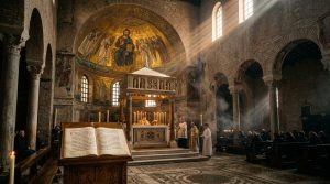 Jeruzalémská bible - Křesťanský magazín o víře, Bibli a Duchovním růstu 33 Interiér starokřesťanské baziliky s byzantskou mozaikou Krista Pantokratora a rukopisem Kréda na oltáři
