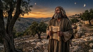 Jeruzalémská bible - Křesťanský magazín o víře, Bibli a Duchovním růstu 31 Starozákonní prorok s hebrejským svitkem v olivovém háji pod večerní hvězdnou oblohou