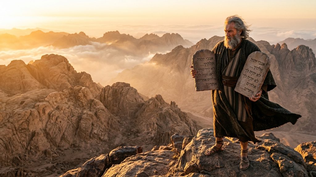 Postavy z Bible: Přehled klíčových osobností Starého i Nového zákona 1 Mojžíš na hoře Sinaj s kamennými deskami Desatera přikázání za úsvitu