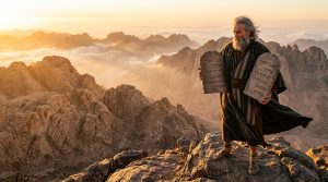 Jeruzalémská bible - Křesťanský magazín o víře, Bibli a Duchovním růstu 21 Mojžíš na hoře Sinaj s kamennými deskami Desatera přikázání za úsvitu