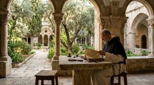 Jeruzalémská bible - Křesťanský magazín o víře, Bibli a Duchovním růstu 25 Dominikánský učenec studující biblické rukopisy v rajském dvoře École Biblique v Jeruzalémě
