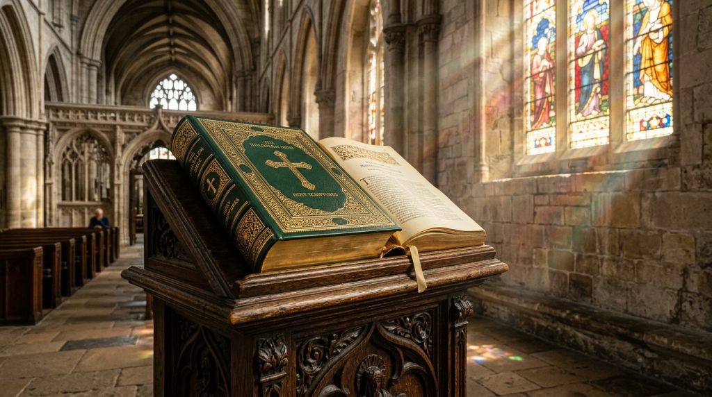 České knižní vydání Jeruzalémské bible na pultu v katedrále