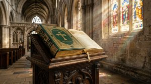 České knižní vydání Jeruzalémské bible na pultu v katedrále