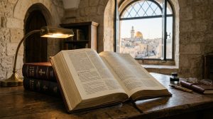 Jeruzalémská bible - Křesťanský magazín o víře, Bibli a Duchovním růstu 23 Otevřená studijní Jeruzalémská bible s křížovými odkazy na psacím stole s výhledem na Jeruzalém