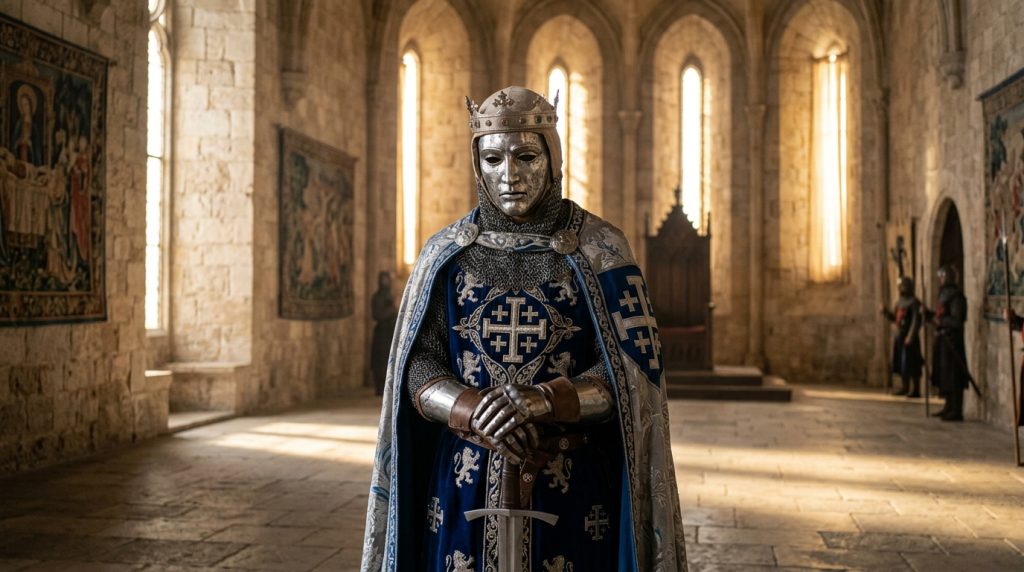 Balduin IV. Jeruzalémský: Malomocný král, který bránil Jeruzalém 3 Historický portrét krále Balduina IV. Jeruzalémského ve stříbrné masce a křižáckém rouchu